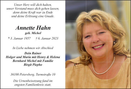 Traueranzeige von Annette Hahn von FZ