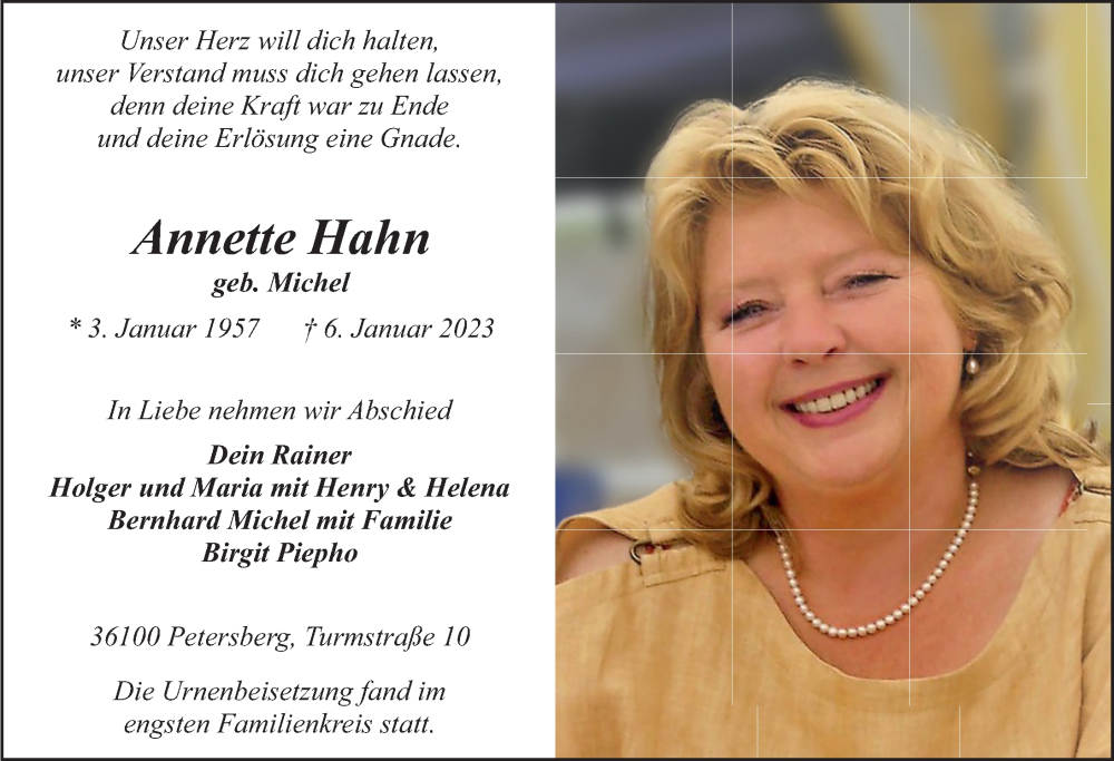  Traueranzeige für Annette Hahn vom 30.01.2023 aus FZ
