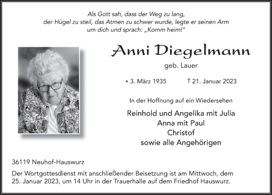 Traueranzeige von Anni Diegelmann von FZ