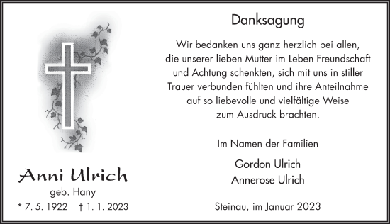 Traueranzeige von Anni Ulrich von FZ
