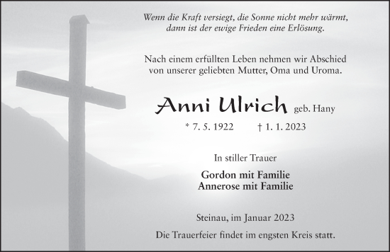 Traueranzeige von Anni Ulrich von FZ