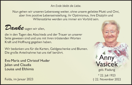 Traueranzeige von Anny Vasicek von FZ