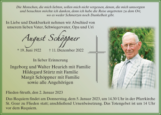 Traueranzeige von August Schöppner von FZ