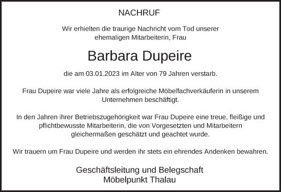 Traueranzeige von Barbara Dupeire von FZ