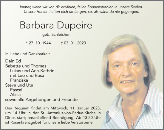 Traueranzeige von Barbara Dupeire von FZ