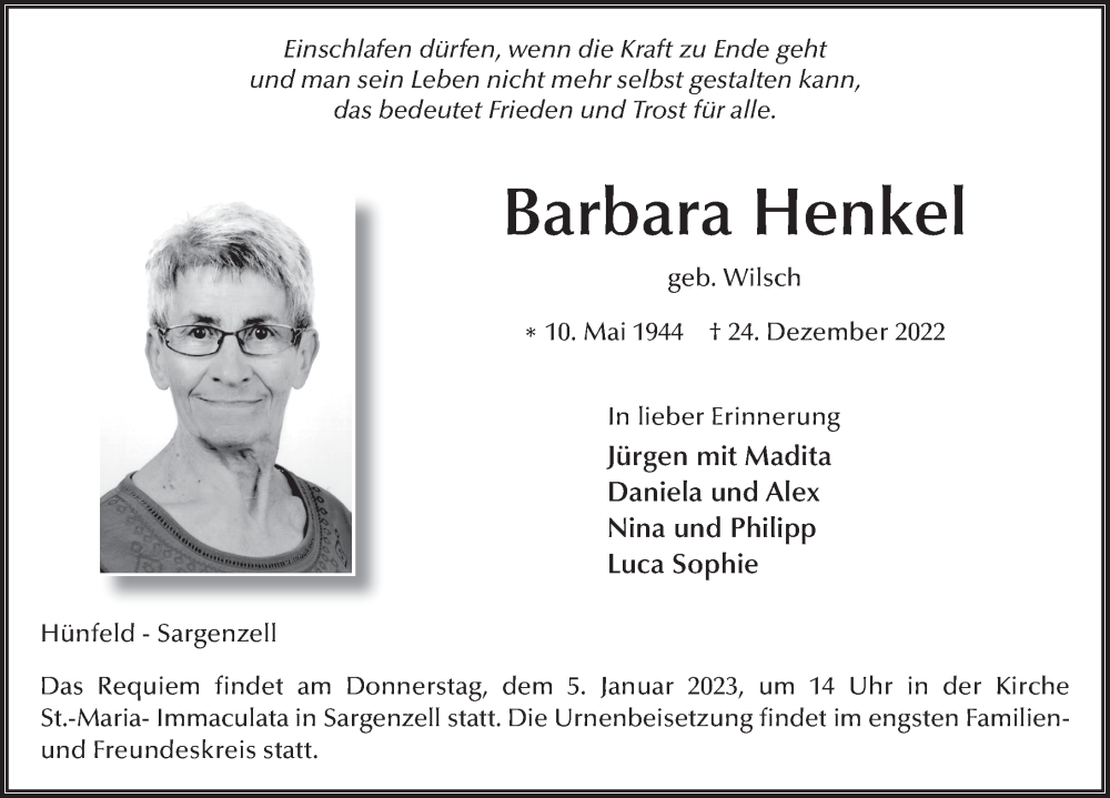  Traueranzeige für Barbara Henkel vom 02.01.2023 aus FZ