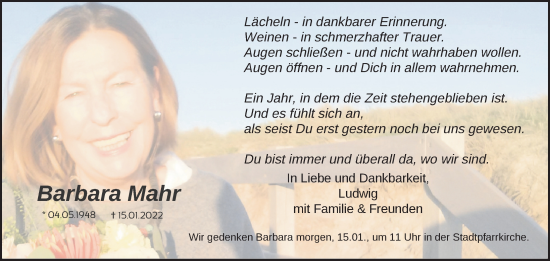 Traueranzeige von Barbara Mahr von FZ