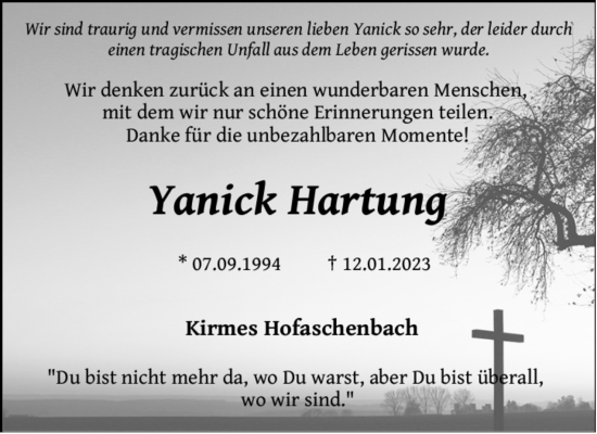 Traueranzeige von Yanick Hartung von FZ