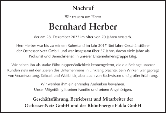 Traueranzeige von Bernhard Herber von FZ
