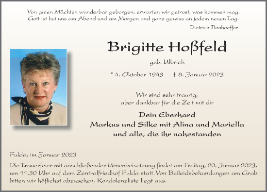 Traueranzeige von Brigitte Hoßfeld von FZ
