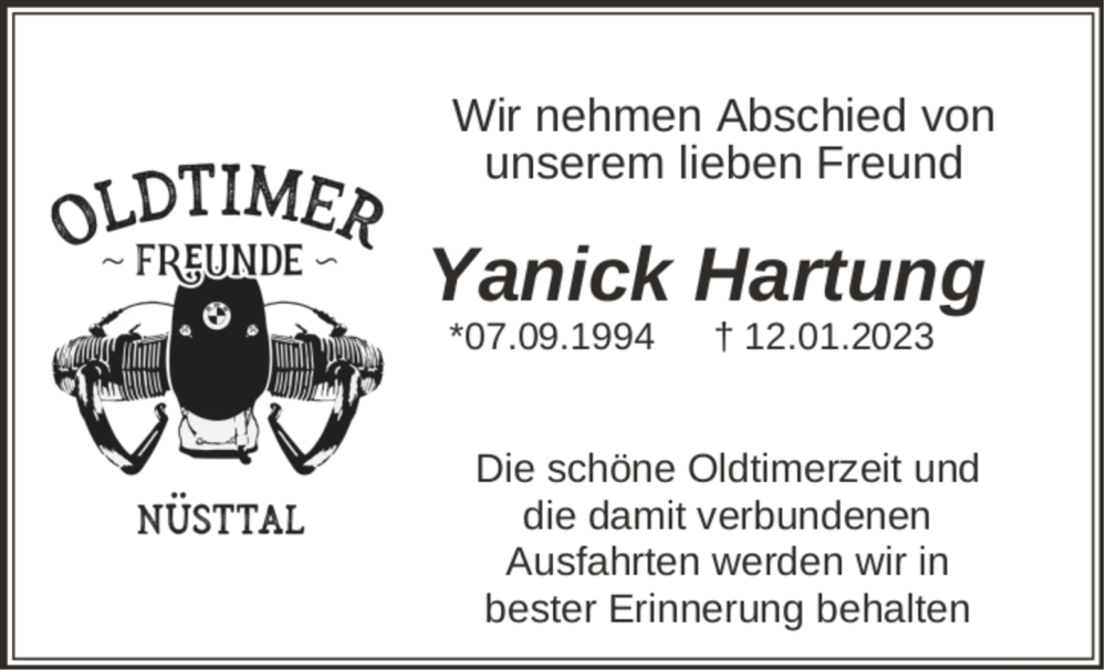  Traueranzeige für Yanick Hartung vom 16.01.2023 aus FZ