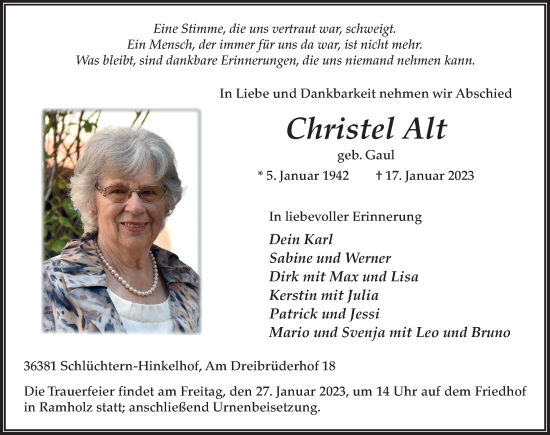Traueranzeige von Christel Alt von FZ