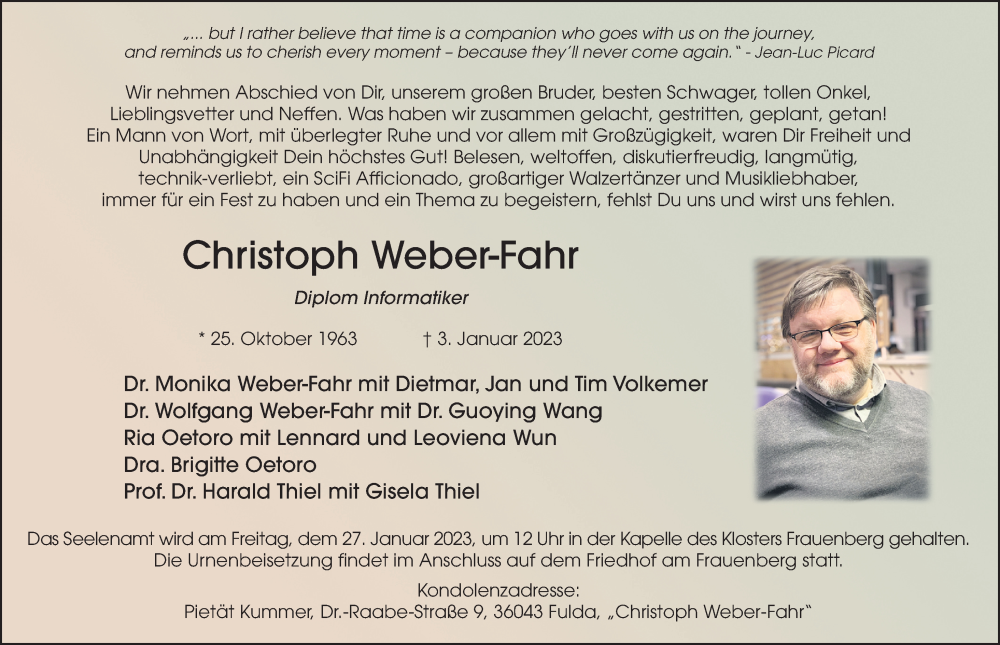  Traueranzeige für Christoph Weber-Fahr vom 07.01.2023 aus FZ