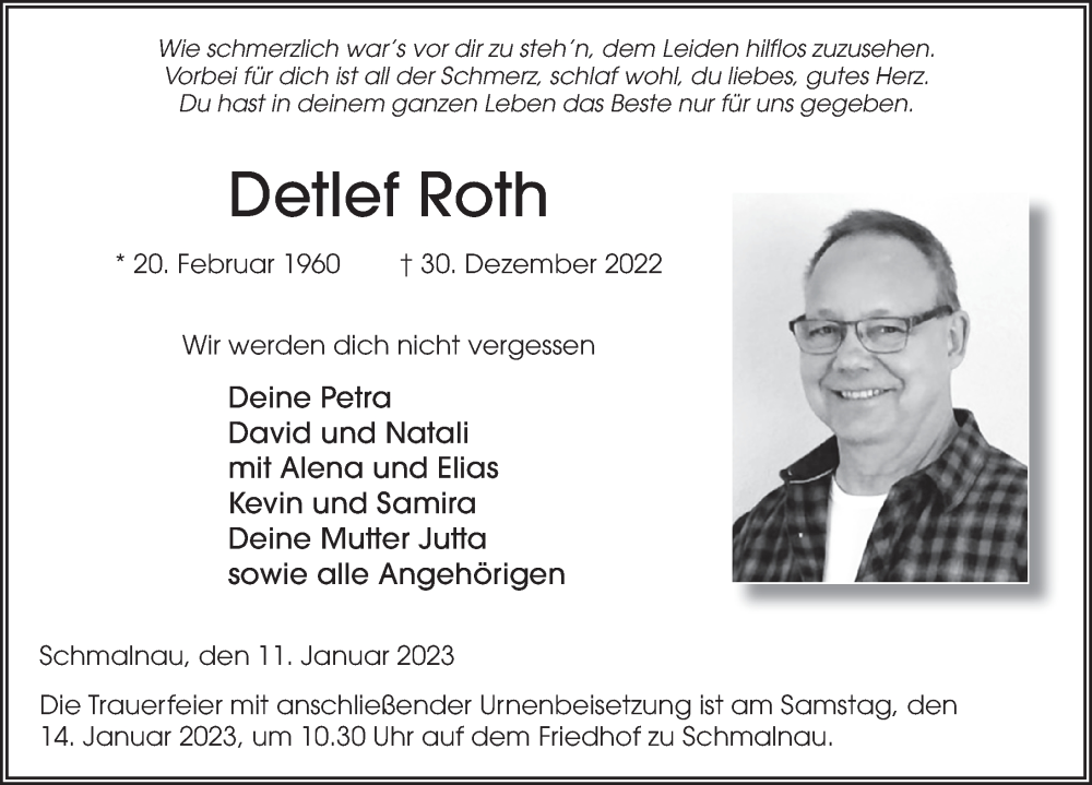  Traueranzeige für Detlef Roth vom 11.01.2023 aus FZ