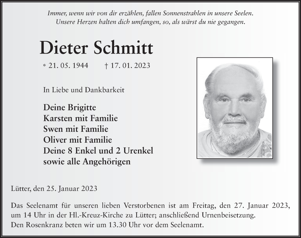  Traueranzeige für Dieter Schmitt vom 25.01.2023 aus FZ