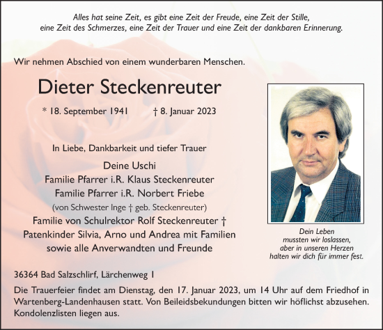 Traueranzeige von Dieter Steckenreuter von FZ