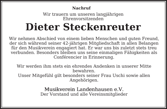 Traueranzeige von Dieter Steckenreuter von FZ