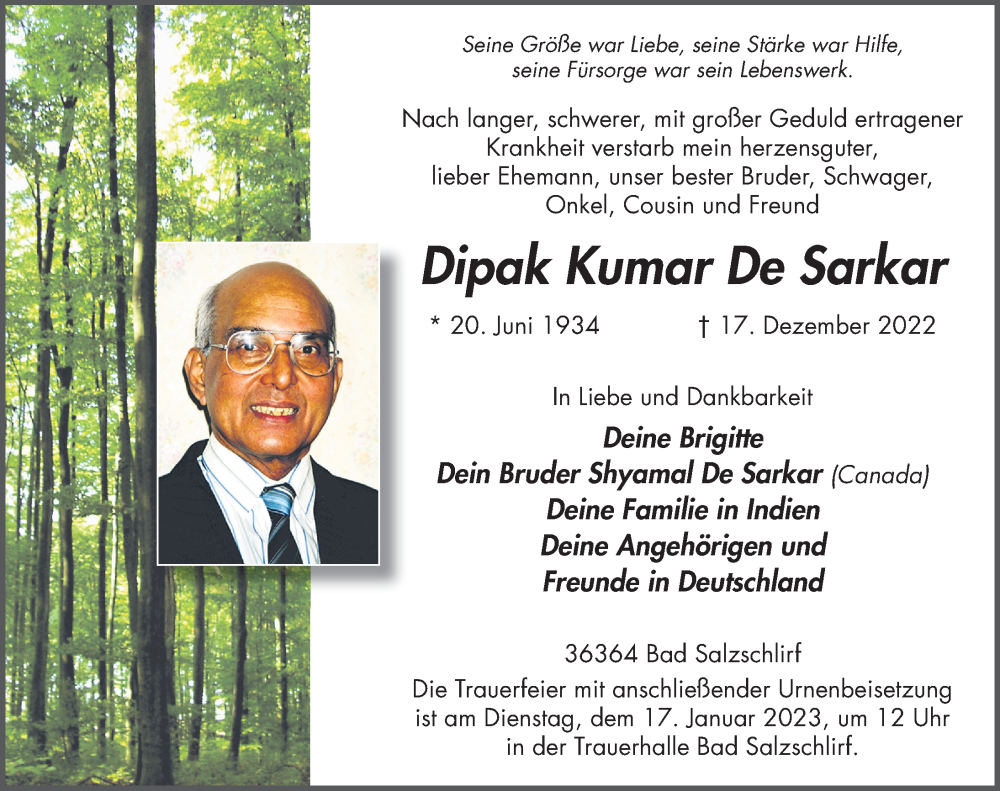  Traueranzeige für Dipak Kumar De Sarkar vom 07.01.2023 aus FZ