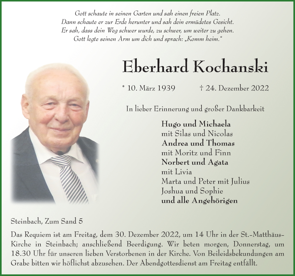  Traueranzeige für Eberhard Kochanski vom 28.12.2022 aus FZ