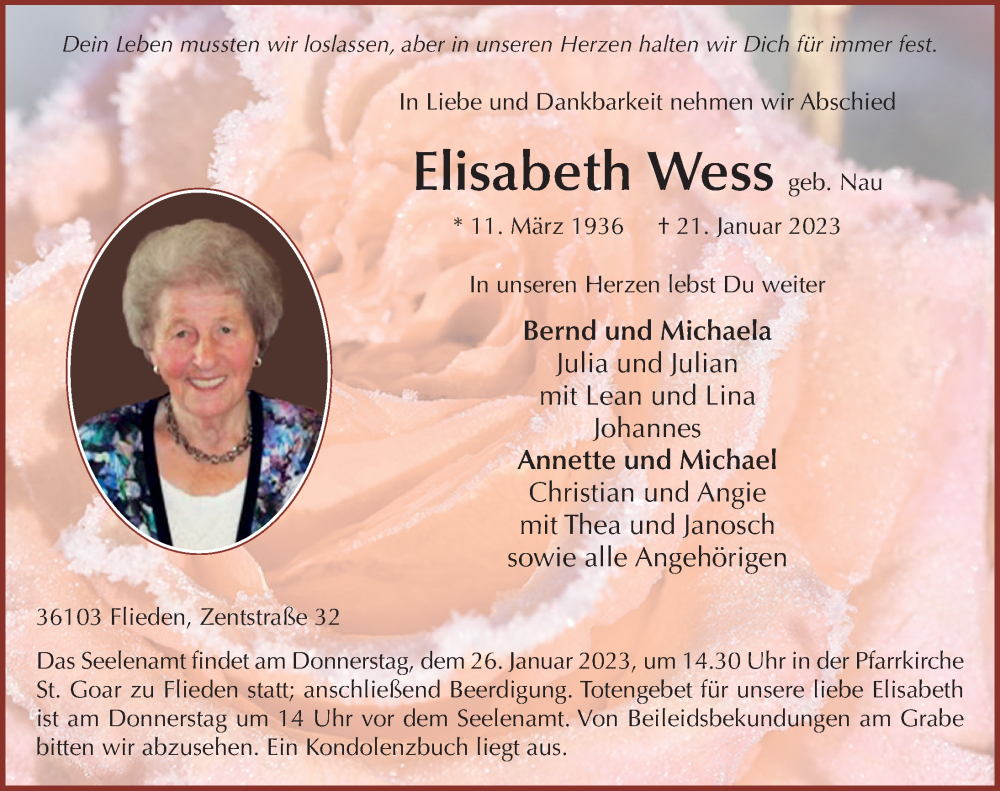  Traueranzeige für Elisabeth Wess vom 24.01.2023 aus FZ