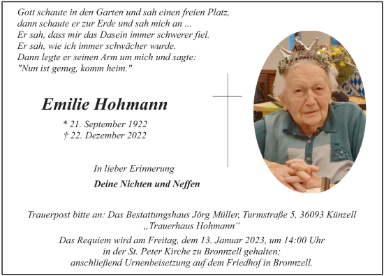 Traueranzeige von Emilie Hohmann von FZ