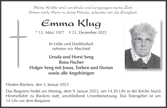 Traueranzeige von Emma Klug von FZ