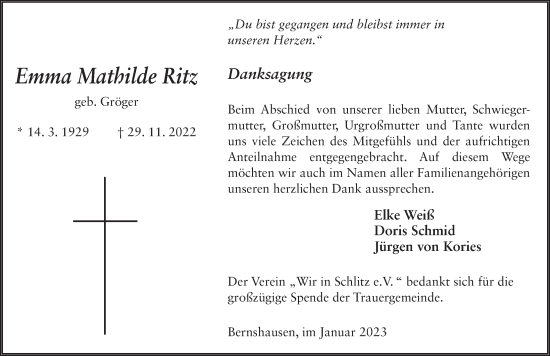 Traueranzeige von Emma Mathilde Ritz von FZ