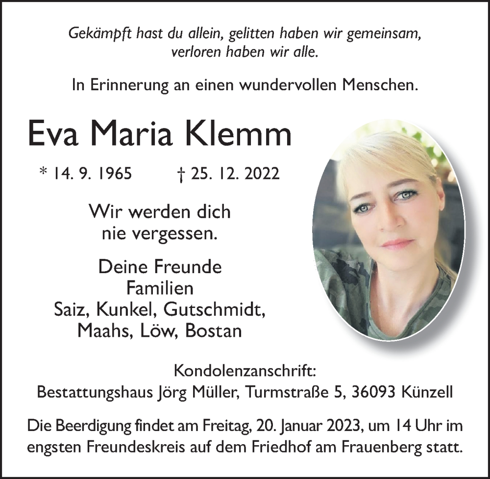  Traueranzeige für Eva Maria Klemm vom 18.01.2023 aus FZ