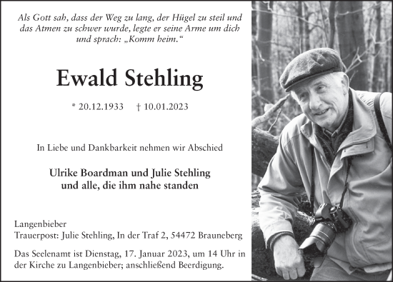 Traueranzeige von Ewald Stehling von FZ