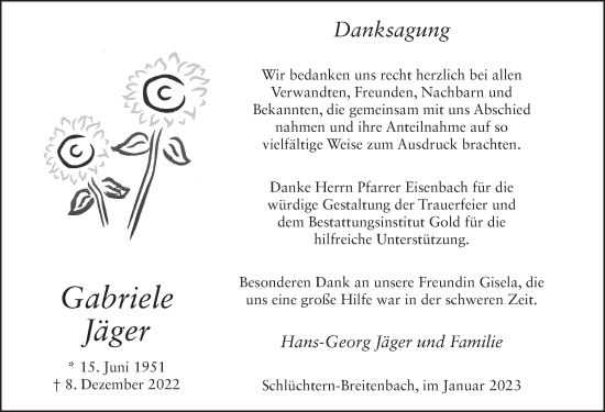 Traueranzeige von Gabriele Jäger von FZ