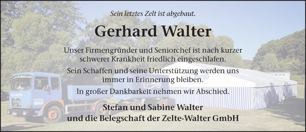  Traueranzeige für Gerhard Walter vom 11.01.2023 aus FZ