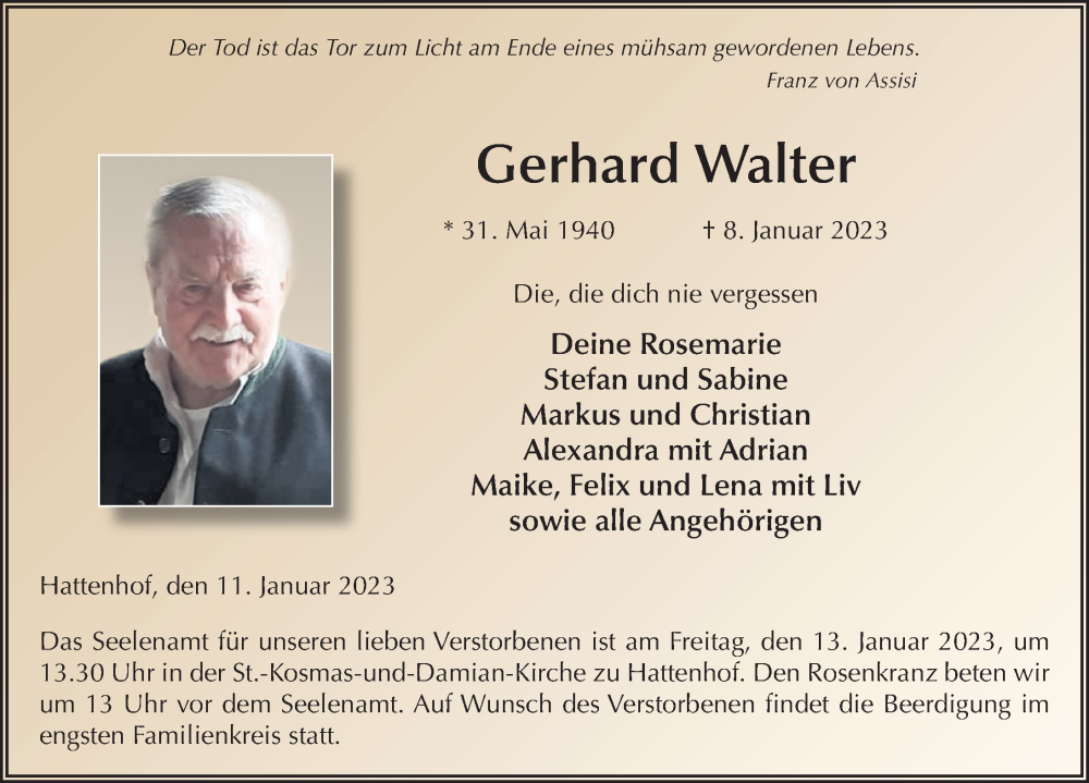  Traueranzeige für Gerhard Walter vom 11.01.2023 aus FZ