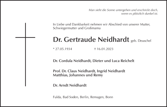 Traueranzeige von Gertraude Neidhardt von FZ