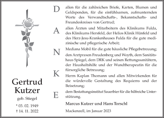 Traueranzeige von Gertrud Kutzer von FZ