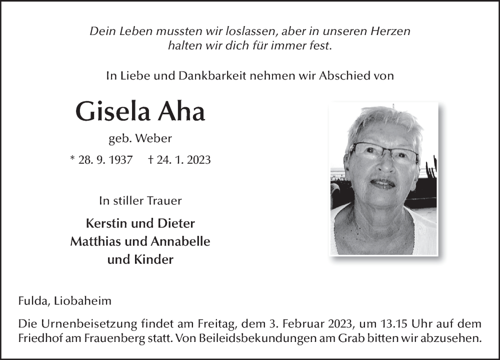  Traueranzeige für Gisela Aha vom 28.01.2023 aus FZ