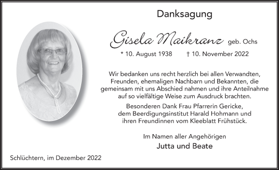Traueranzeige von Gisela Maikranz von FZ