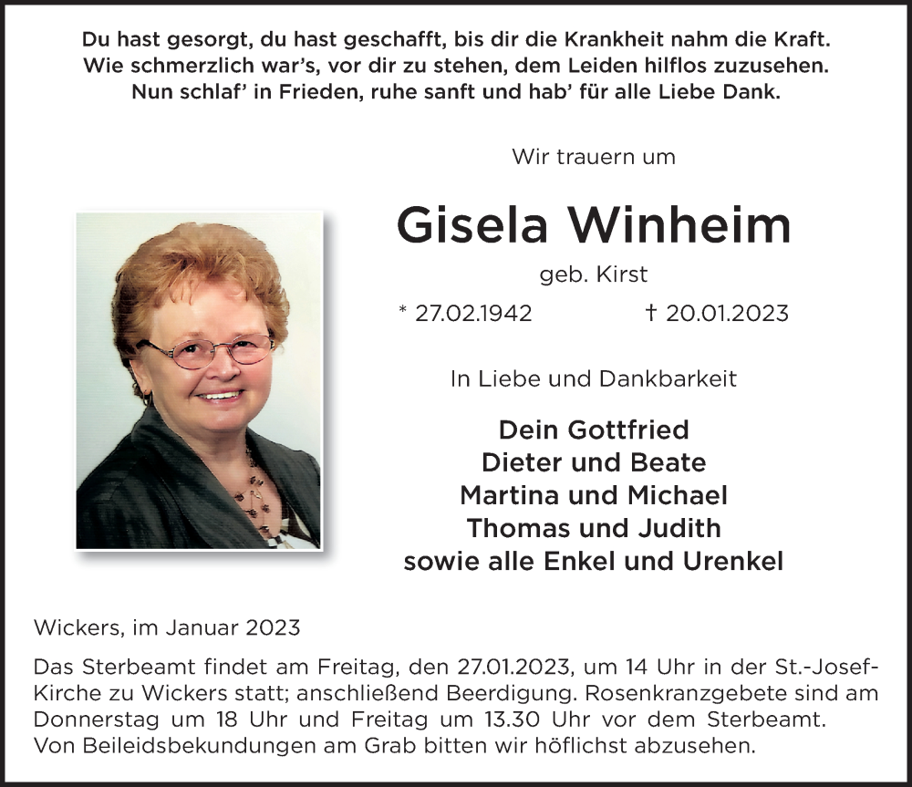  Traueranzeige für Gisela Winheim vom 25.01.2023 aus FZ
