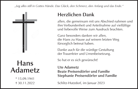 Traueranzeige von Hans Adametz von FZ