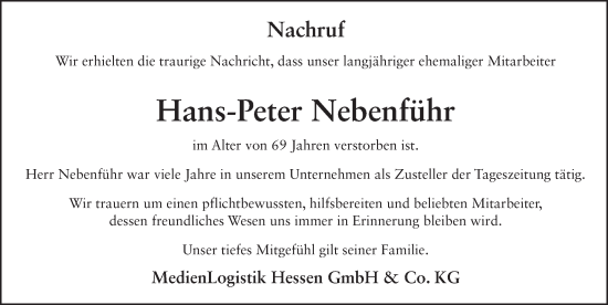 Traueranzeige von Hans-Peter Nebenführ von FZ