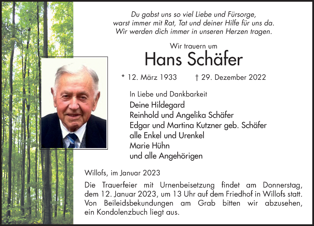  Traueranzeige für Hans Schäfer vom 06.01.2023 aus FZ