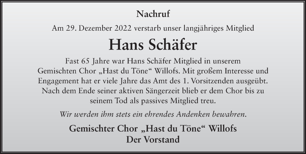  Traueranzeige für Hans Schäfer vom 07.01.2023 aus FZ