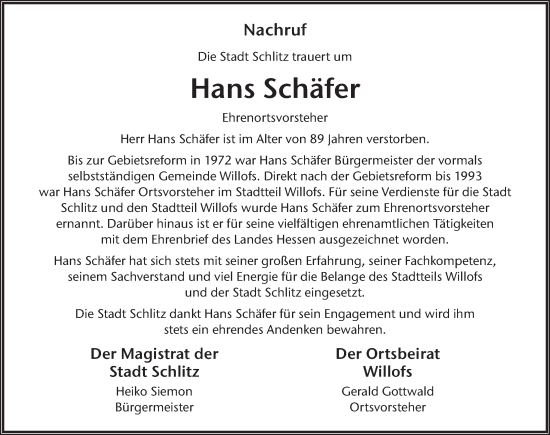 Traueranzeige von Hans Schäfer von FZ