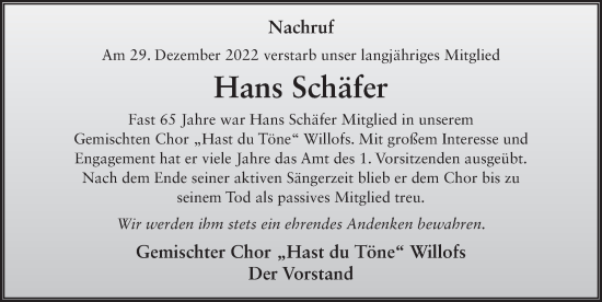 Traueranzeige von Hans Schäfer von FZ