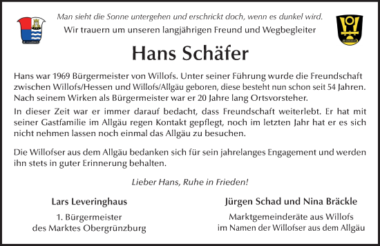 Traueranzeige von Hans Schäfer von FZ