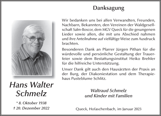 Traueranzeige von Hans Walter Schmelz von FZ