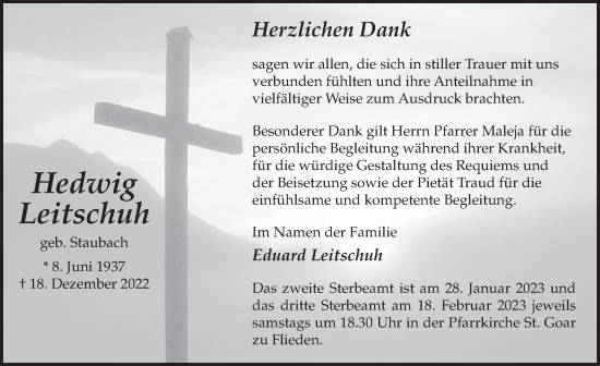 Traueranzeige von Hedwig Leitschuh von FZ