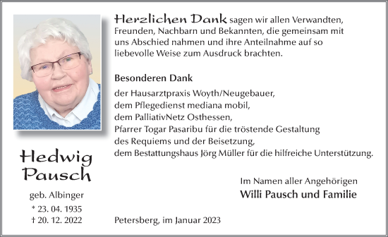Traueranzeige von Hedwig Pausch von FZ