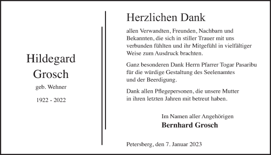 Traueranzeige von Hildegard Grosch von FZ