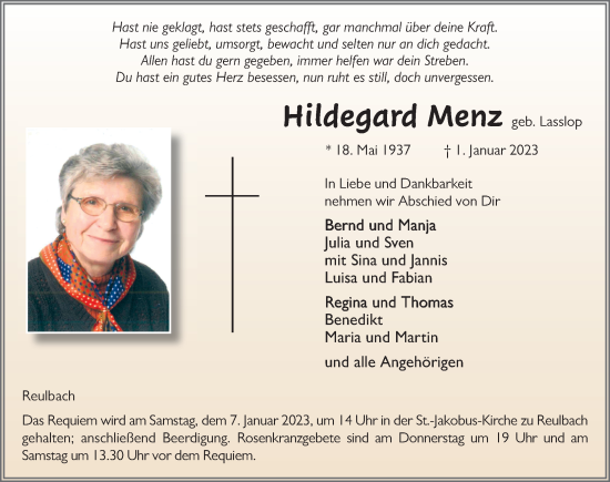 Traueranzeige von Hildegard Menz von FZ