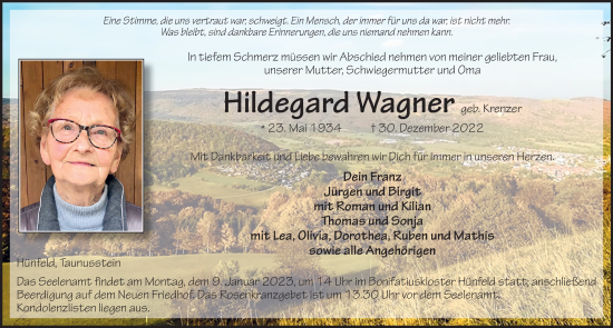 Traueranzeige von Hildegard Wagner von FZ